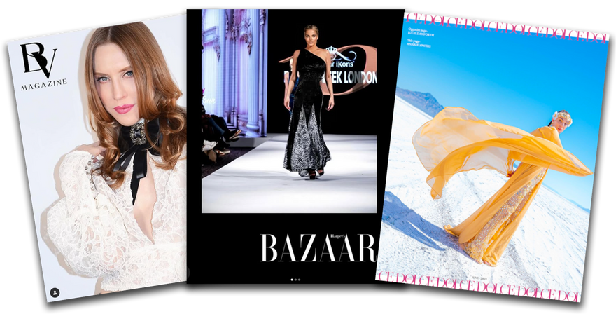 A collage of three magazine covers featuring Anna Flowers