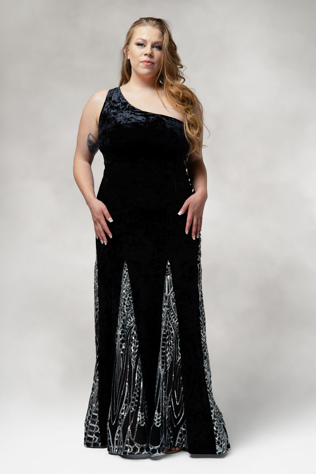 Altaira – One Shoulder Gown with Sequin Godet