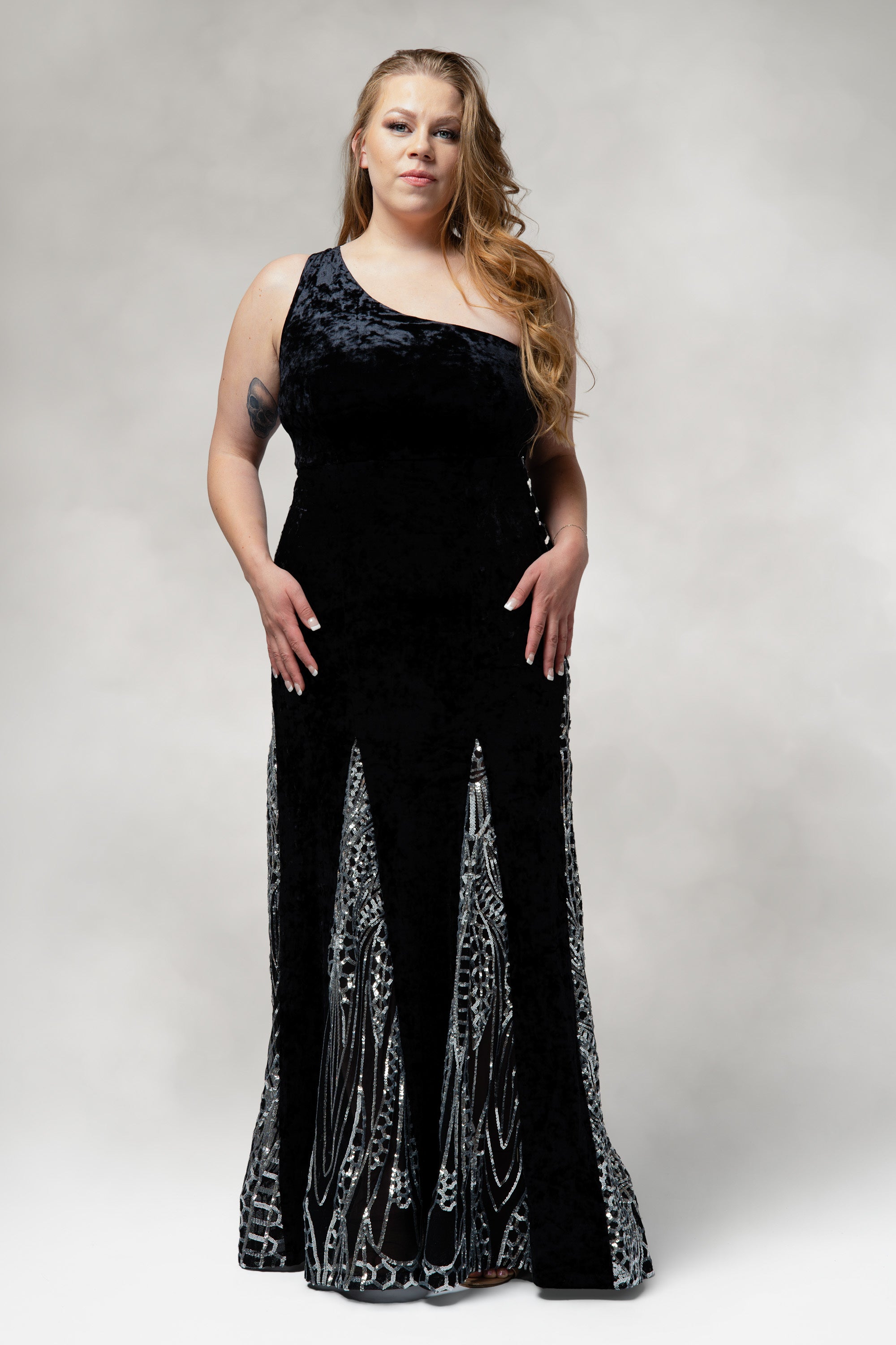 Altaira – One Shoulder Gown with Sequin Godet