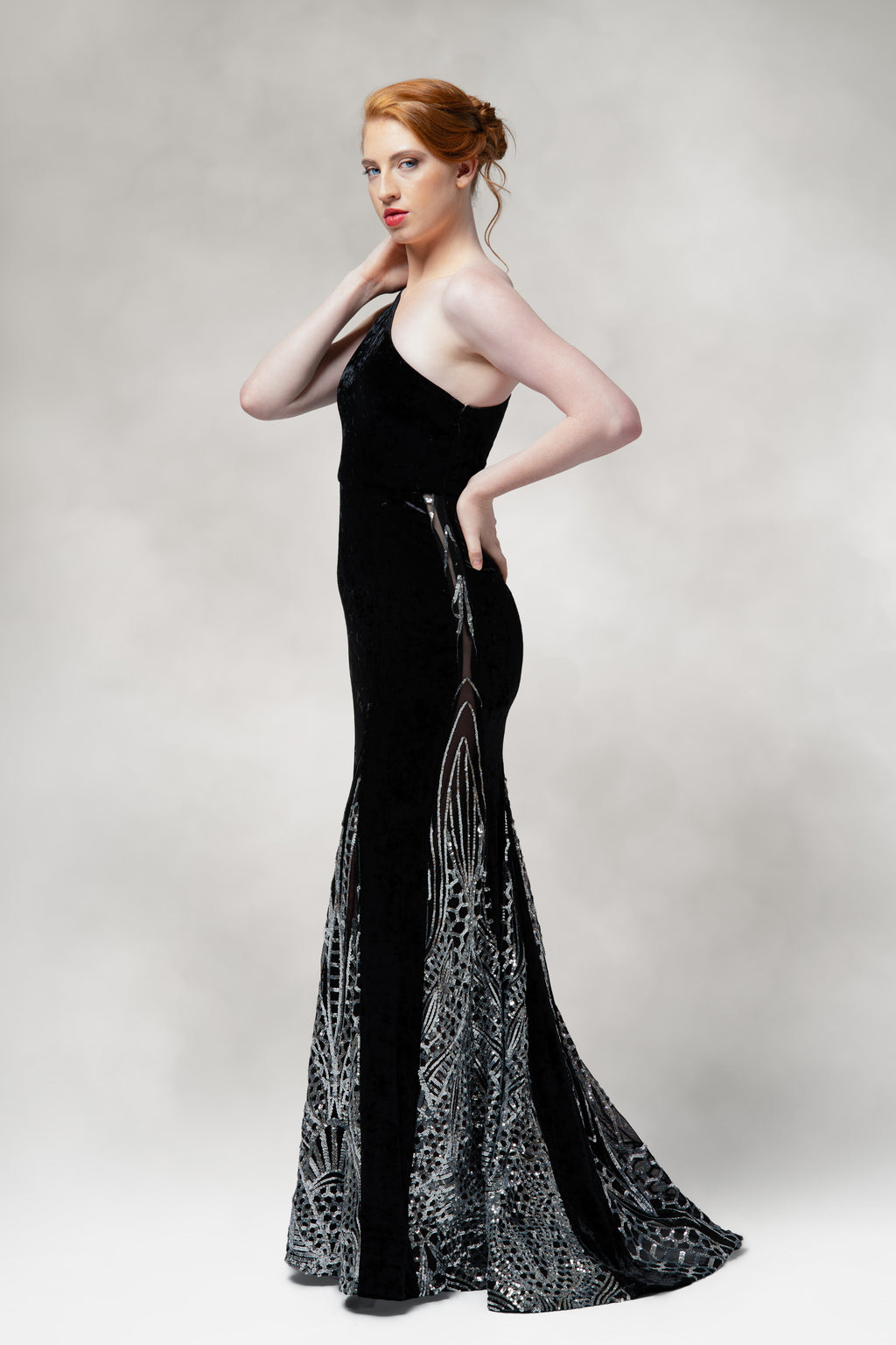 Altaira – One Shoulder Gown with Sequin Godet