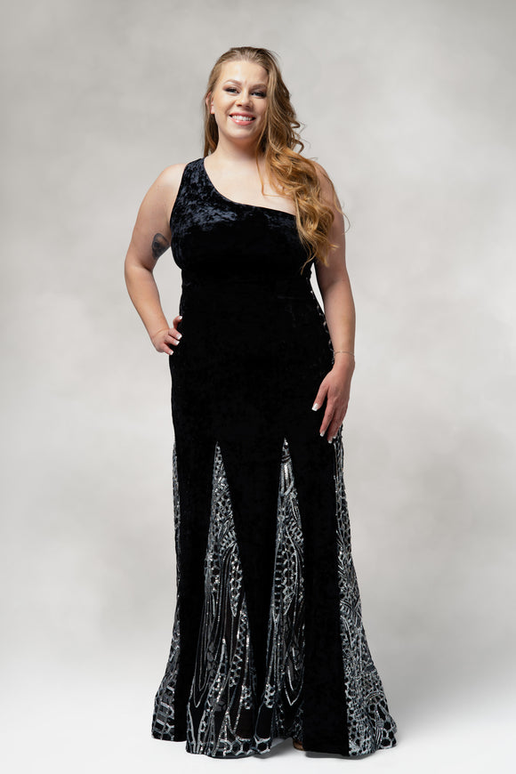 Altaira – One Shoulder Gown with Sequin Godet