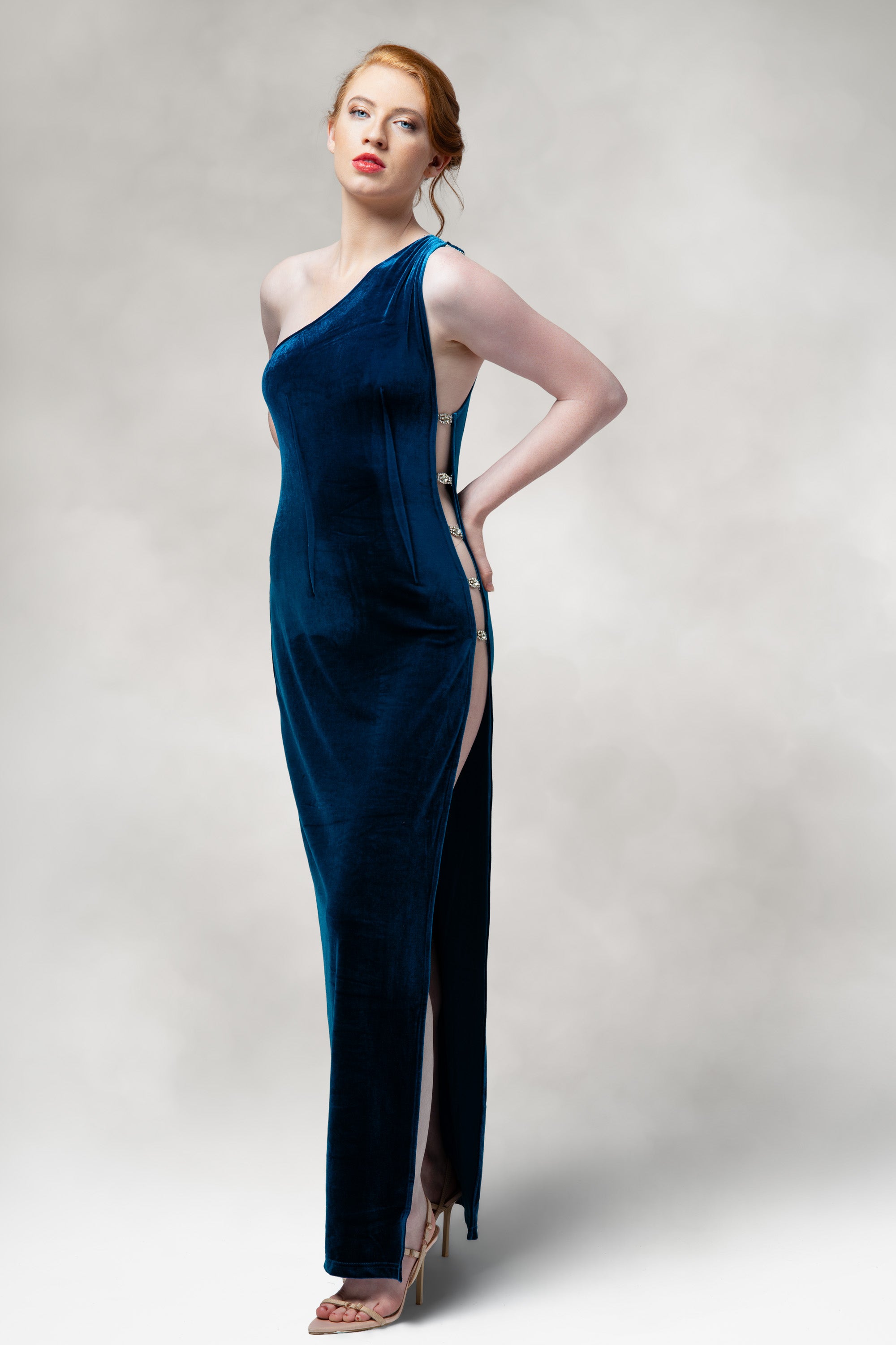 Saphira- One Shoulder Slit Dress in Velvet