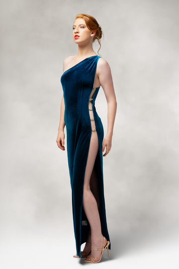 Buy royalty-blue Saphira – One Shoulder Slit Dress in Velvet