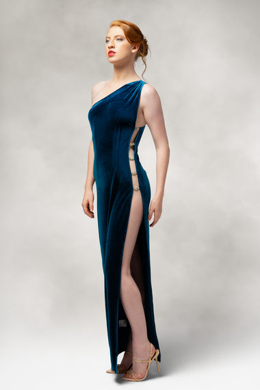 Buy royalty-blue Saphira- One Shoulder Slit Dress in Velvet