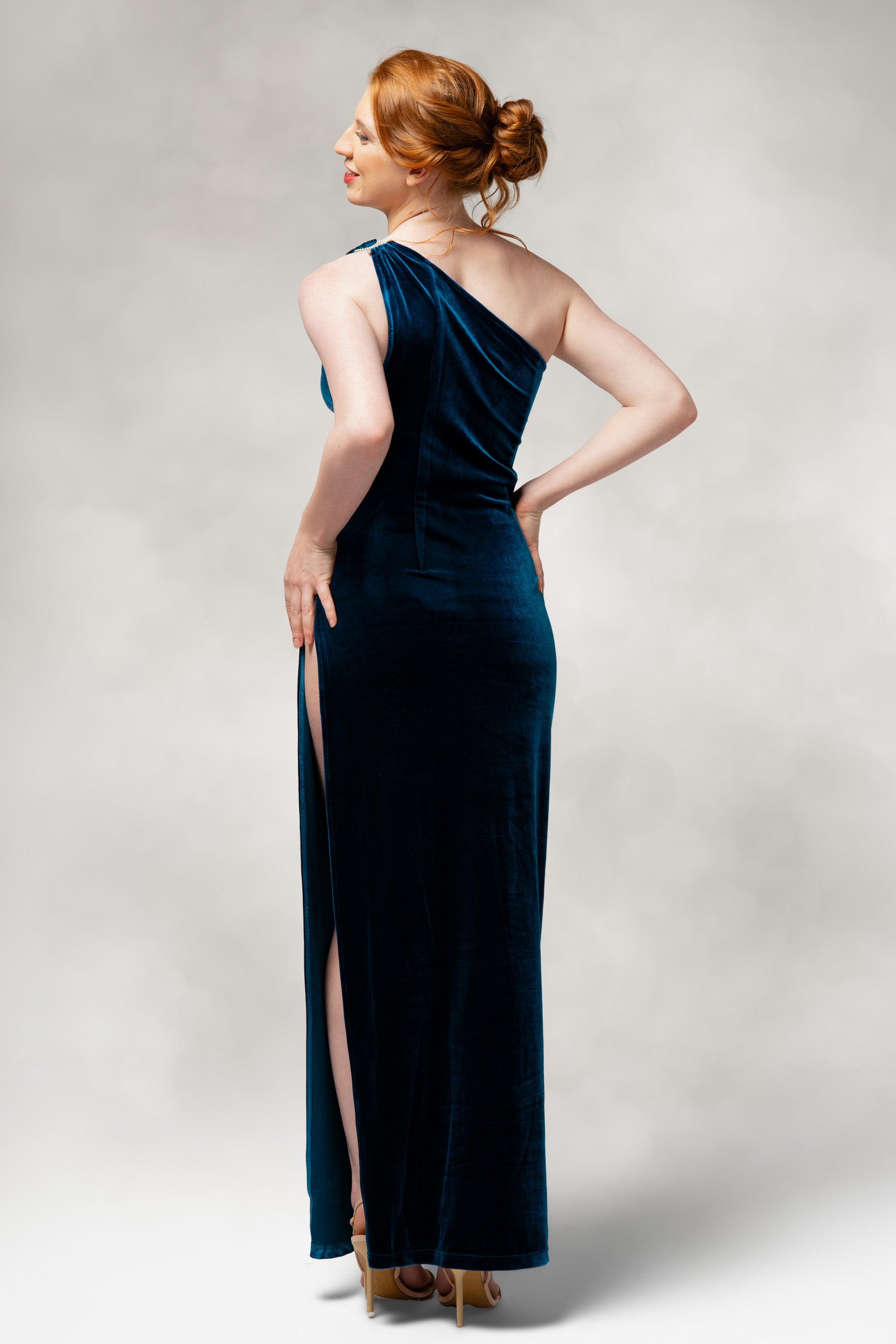 Saphira- One Shoulder Slit Dress in Velvet
