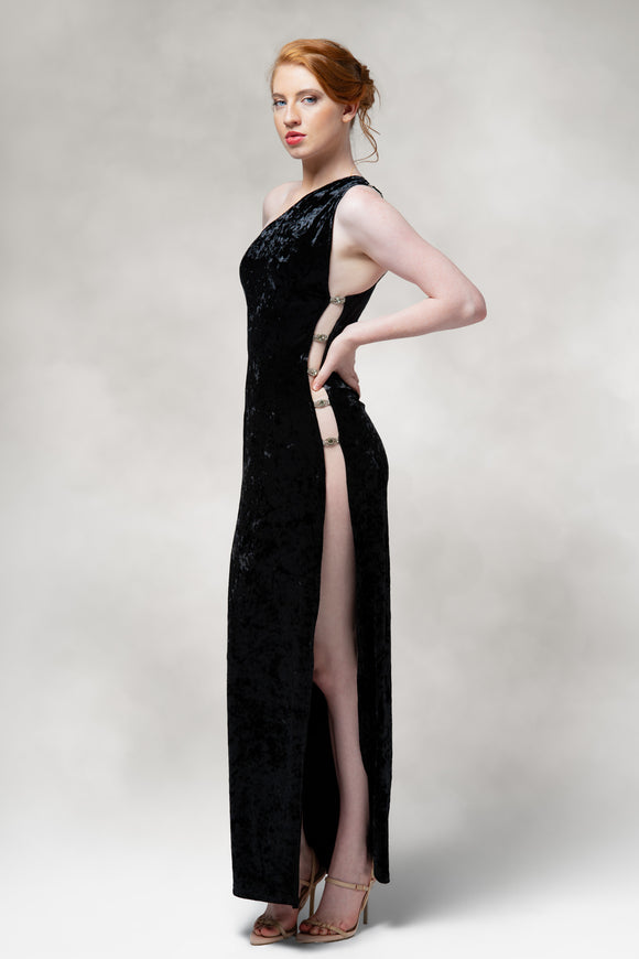 Saphira- One Shoulder Slit Dress in Velvet