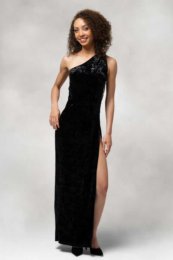 Saphira- One Shoulder Slit Dress in Velvet