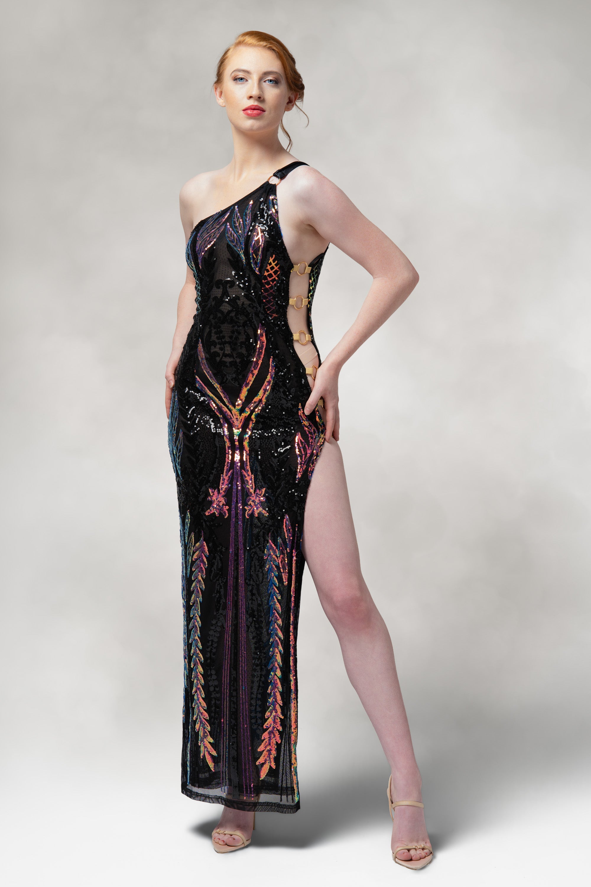 ワンピース AndreaDAMO Sequin one shoulder dress Cypress- One Shoulder Slit Dress in Sequin | Anna Flowers