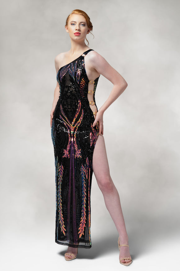 Cypress- One Shoulder Slit Dress in Sequin