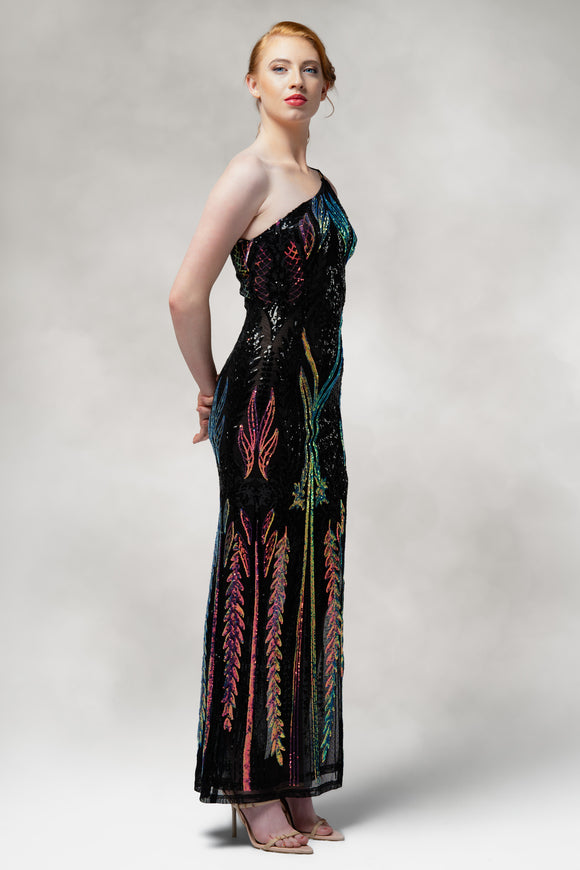 Cypress- One Shoulder Slit Dress in Sequin