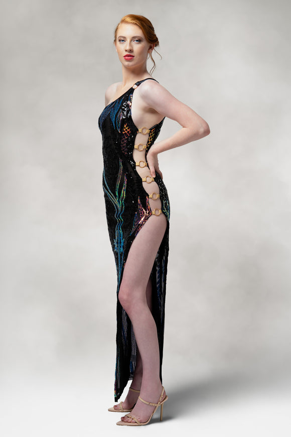 Cypress- One Shoulder Slit Dress in Sequin