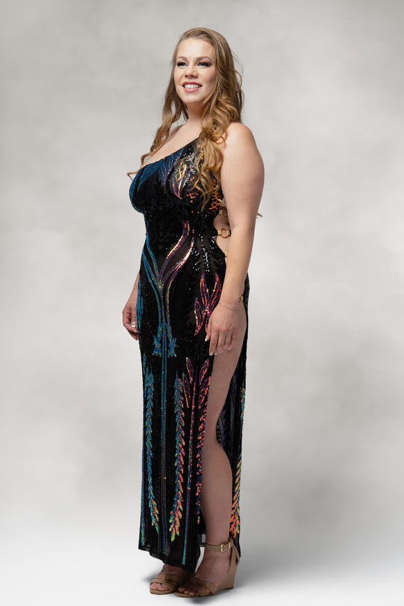 Cypress- One Shoulder Slit Dress in Sequin