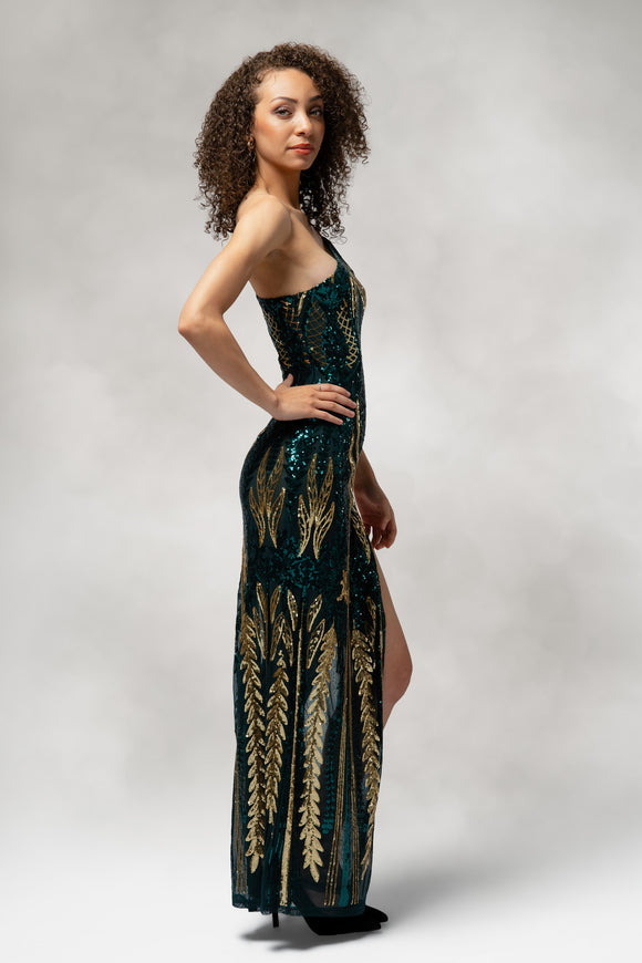 Cypress- One Shoulder Slit Dress in Sequin