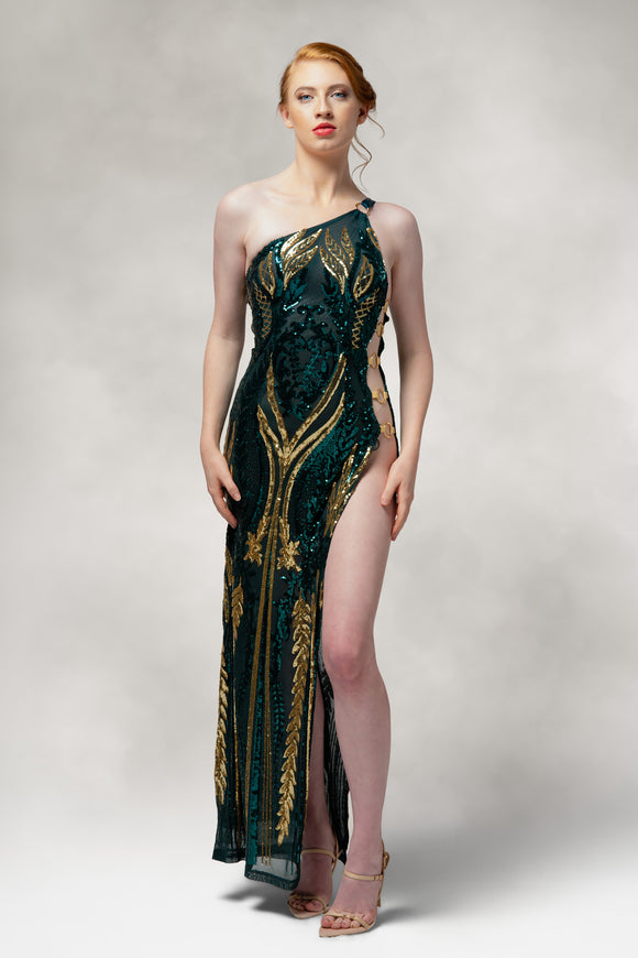 Cypress- One Shoulder Slit Dress in Sequin