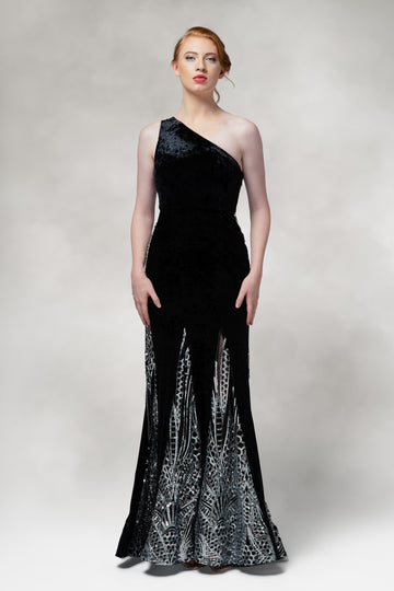 Altaira – One Shoulder Gown with Sequin Godet