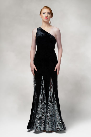 Altaira- One Shoulder Gown with Sequin Godet