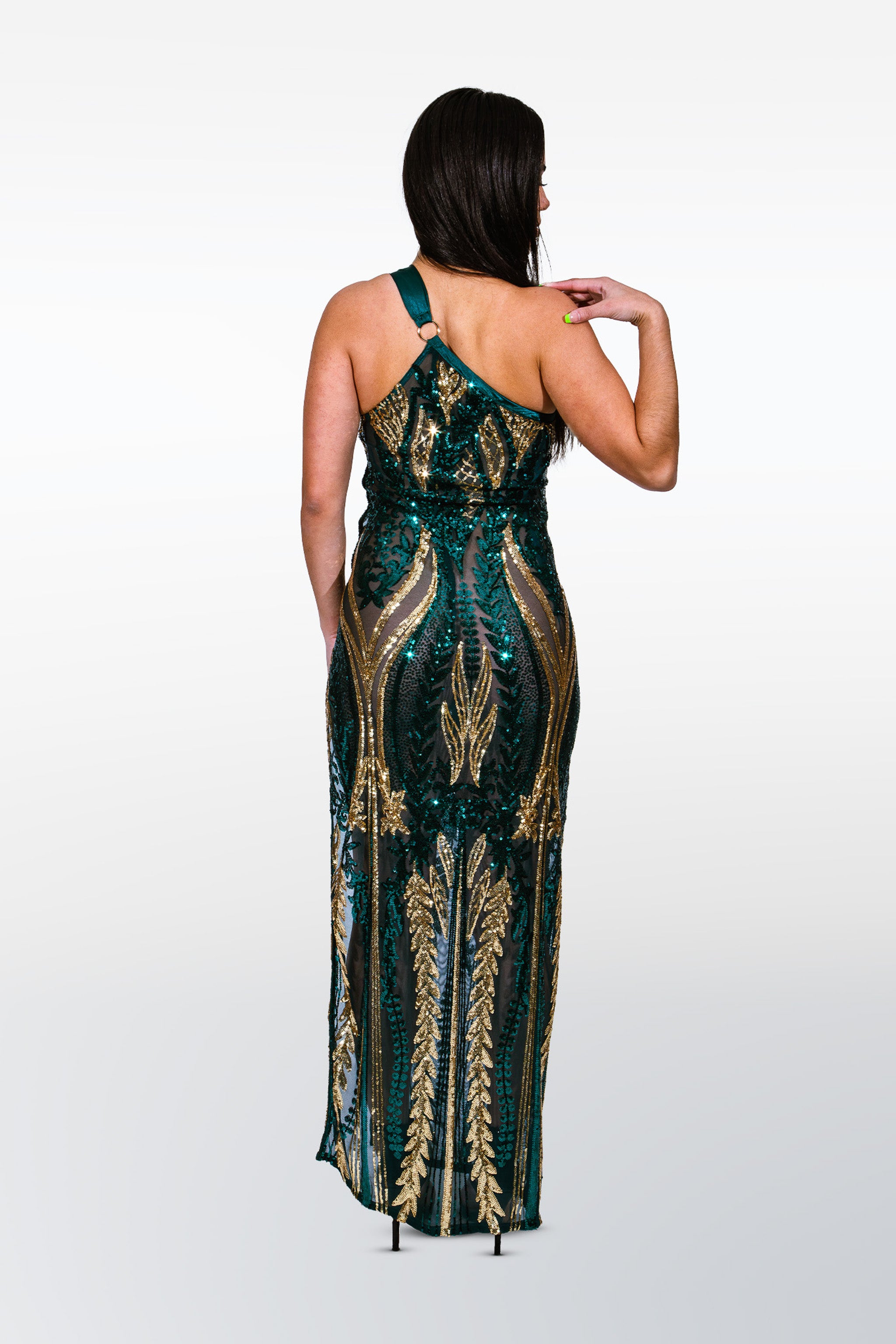 One shoulder slit sequin green and gold