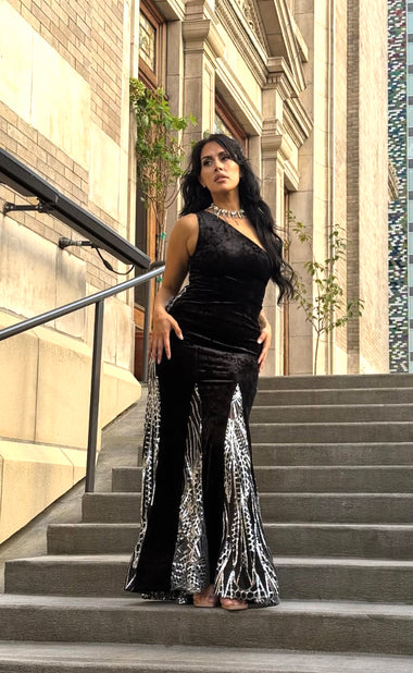 Altaira – One Shoulder Gown with Sequin Godet