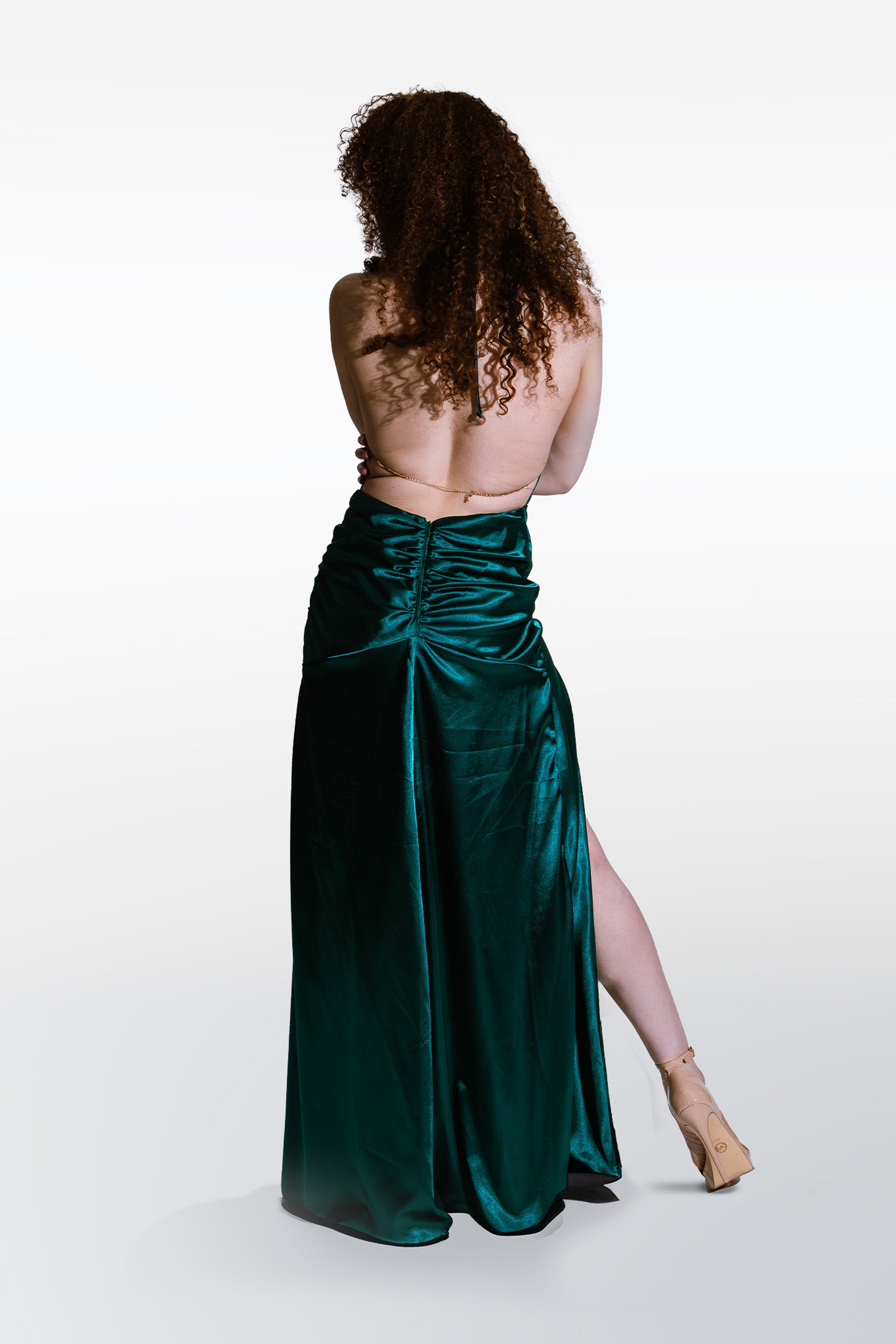 Bias cut halter dress with ruched back from back 