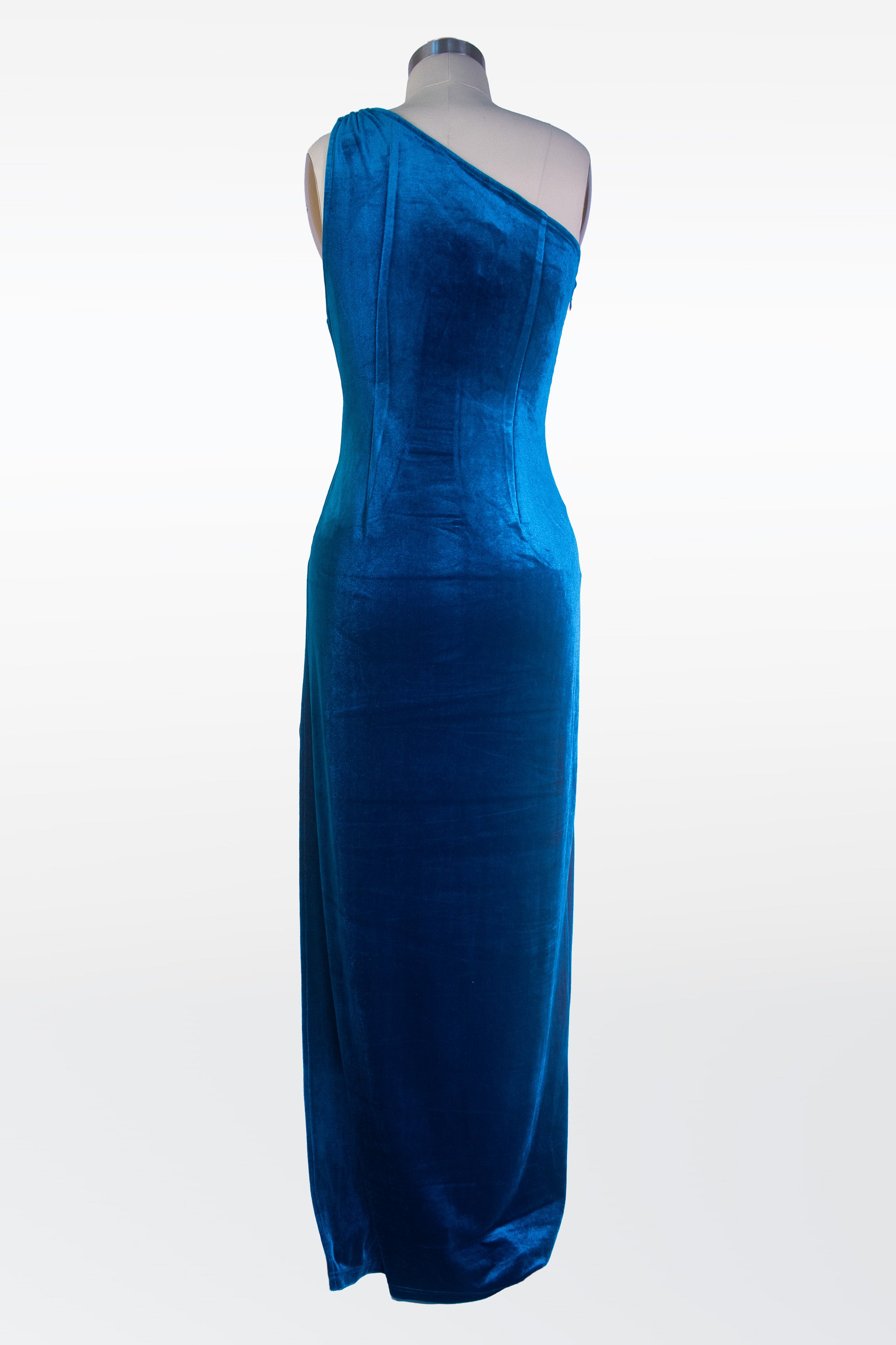 One shoulder velvet slit dress in blue