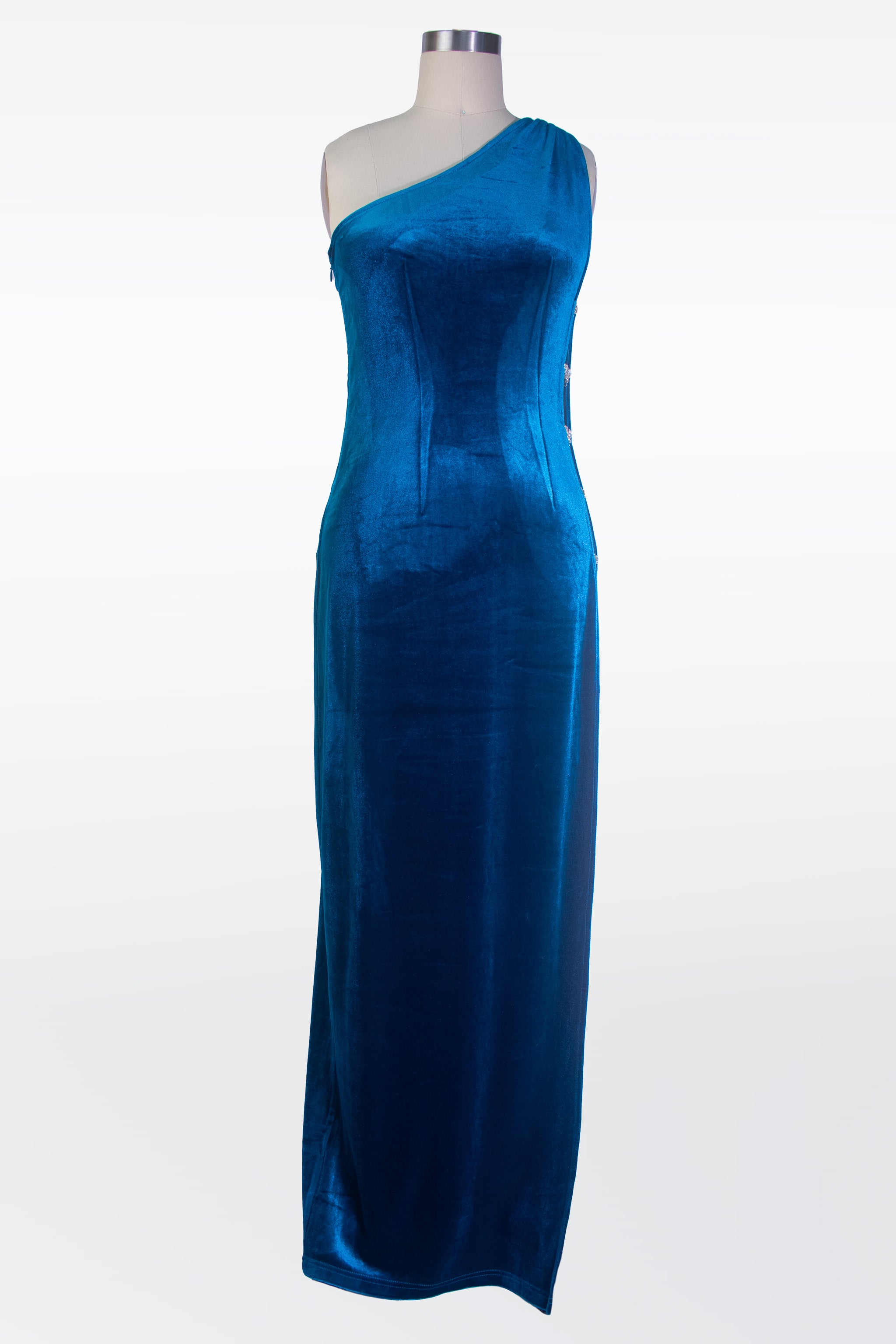 One shoulder velvet slit dress in blue