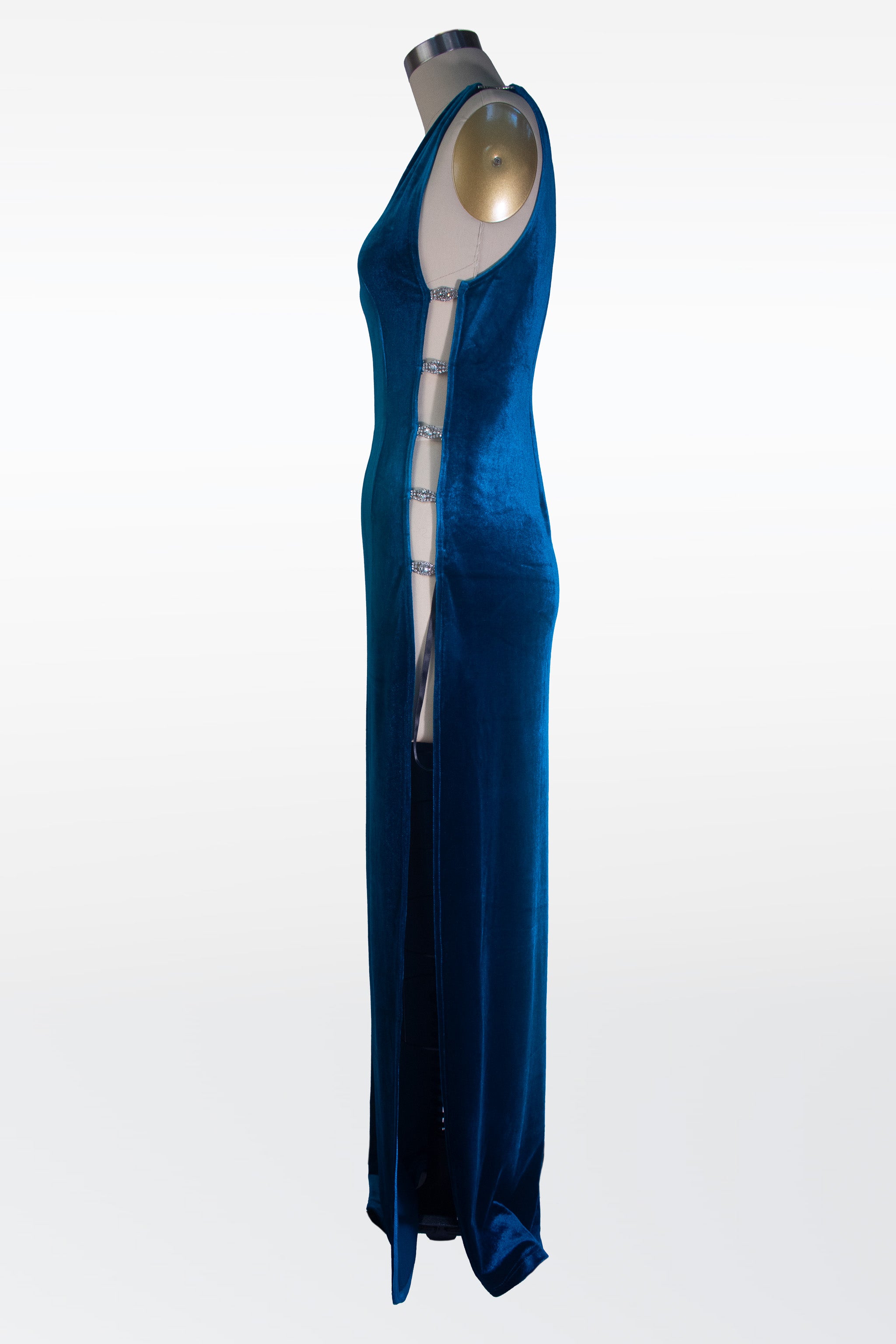 One shoulder velvet slit dress in blue