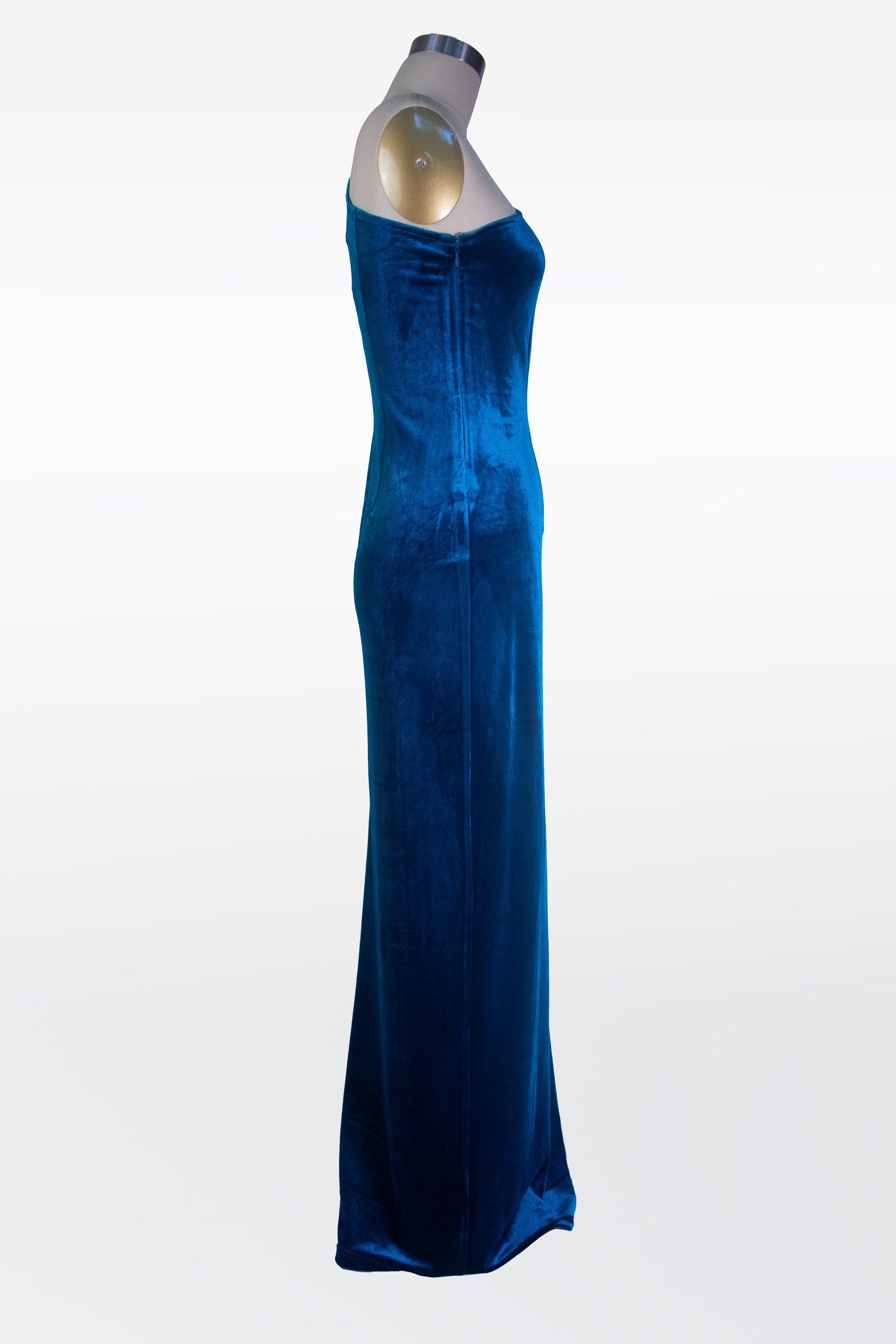 One shoulder velvet slit dress in blue